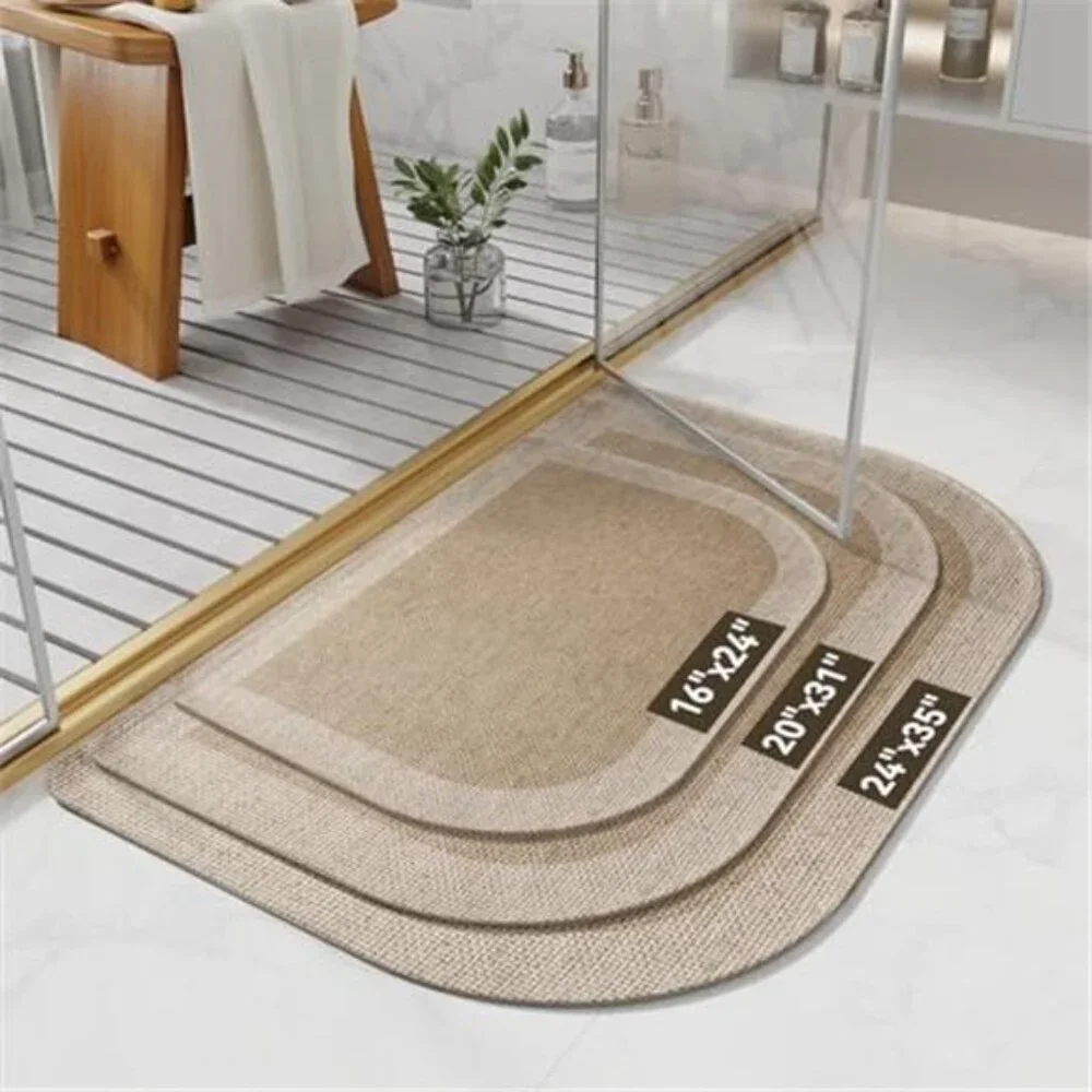 Half Circle Bath Mat Non Slip Thin Bathroom Rug Quick Dry Washable Brown Beige